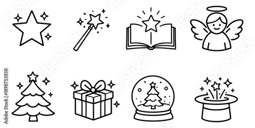 Hand drawn magic and holiday icon set featuring stars, a magic wand, an angel, a christmas tree, a gift, and a snow globe for festive events