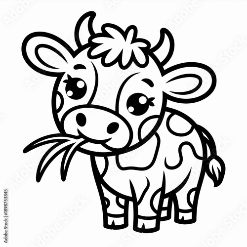 A simple black and white illustration of a smiling cow standing outdoors. isolated on white background, Vector, illustration