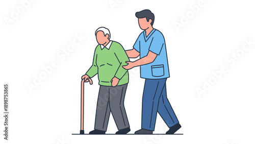 Compassionate Care: A healthcare professional assists an elderly person, walking together with support, embodying empathy and mutual aid. 