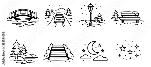 Hand drawn line art winter and outdoor elements set featuring snowy landscapes, park features, and night sky icons for seasonal designs and nature illustrations