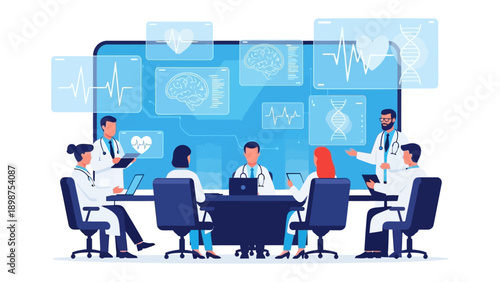 Medical Conference: Group of doctors in white coats holding medical files and documents at a conference meeting. Brain scans and heart rate monitors in the screen. 