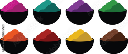 Colorful Holi powder bowls illustration set, vibrant gulal colors collection for Indian festival celebration, flat design elements isolated on white