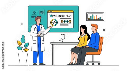 Medical Consultation and Wellness Plan: A doctor is explaining a wellness plan to a couple, showing them the benefits, tools, and the data on screen.