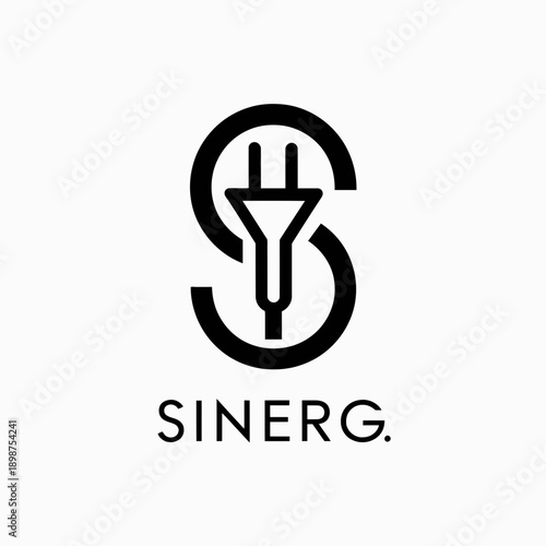 Logo of sinerg featuring a stylized plug symbol inside a circle isolated on white background, Vector, illustration
