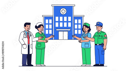 Hospital Team: a illustration of diverse medical staff united in front of hospital.