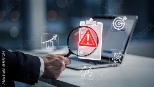 Businessman Holding Magnifying Glass Finding Warning Alert Icon on Digital Checklist Represents Risk Management, Error Detection, and System Problem Analysis