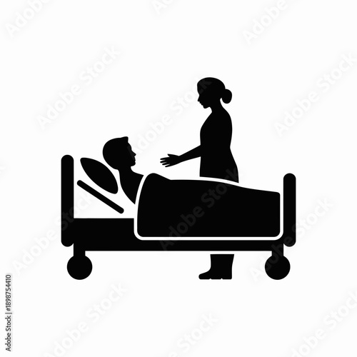 Nurse assisting a patient in a hospital bed silhouette illustration isolated on white background, Vector, illustration