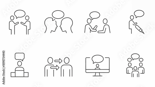 Collection of icons depicting various office and professional activities isolated on white background, Vector, illustration