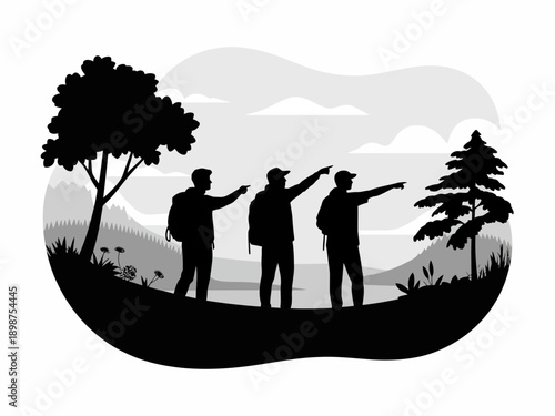 Silhouettes of people standing on a hilltop overlooking a serene landscape at sunset isolated on white background, Vector, illustration