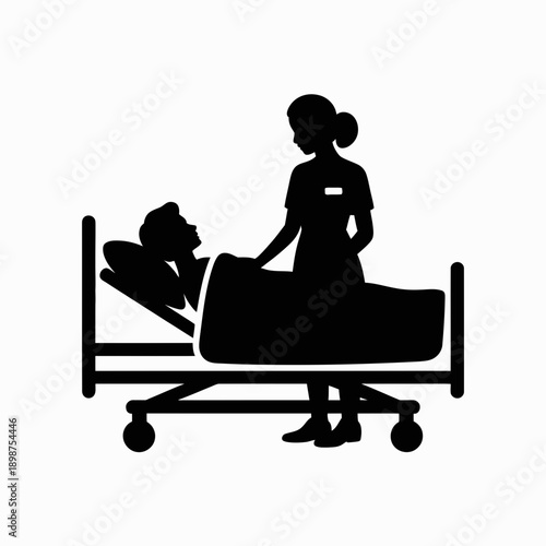 Nurse attending to a patient in a hospital bed with medical equipment isolated on white background, Vector, illustration