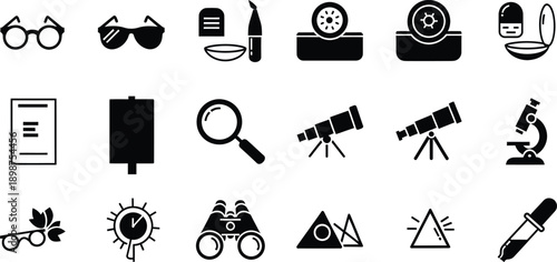 A collection of black and white icons representing various optical instruments and vision-related items