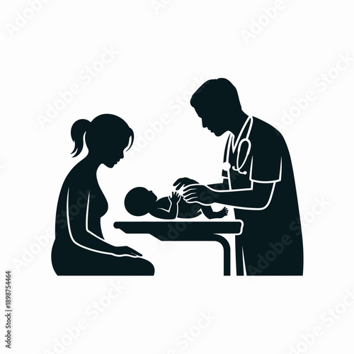 Doctor assisting a new mother with her newborn baby in a medical setting isolated on white background, Vector, illustration