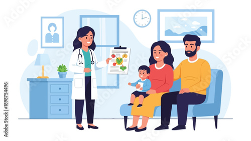 Healthcare Consultation: A doctor explains the nutritional plan to a family during their visit to the clinic
