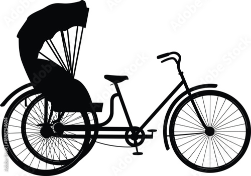 Cycle rickshaw silhouette illustration, traditional human powered tricycle transport with passenger canopy, urban street travel and heritage vehicle concept isolated on white