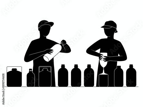 Two workers filling bottles with liquid in an industrial setting isolated on white background, Vector, illustration