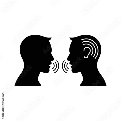 Two silhouettes engaged in a silent conversation with sound waves between them isolated on white background, Vector, illustration