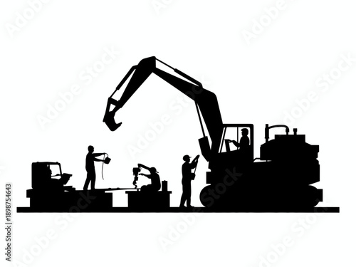 Heavy machinery and workers in a construction excavation site. isolated on white background, Vector, illustration