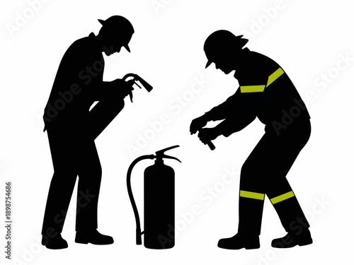 Firefighter assisting a person with an extinguisher during an emergency situation isolated on white background, Vector, illustration