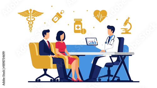 Medical Consultation: A medical professional consults with a couple, surrounded by icons symbolizing health and care, promoting trust and wellness.