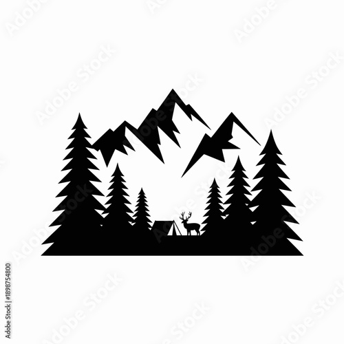 Silhouette of deer standing amidst mountain range and forest during sunset or twilight isolated on white background, Vector, illustration