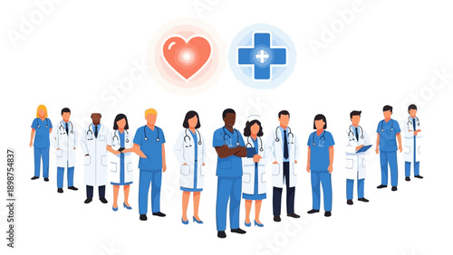 Healthcare Heroes: A group of dedicated medical professionals, united in service, stand ready to provide compassionate care, symbolized by the heart and cross.