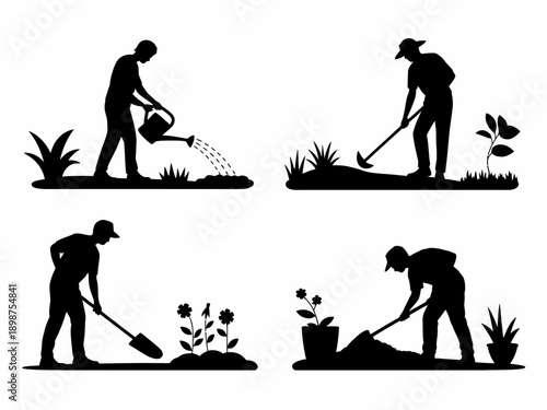 Illustrations of people engaging in gardening and outdoor maintenance activities isolated on white background, Vector, illustration