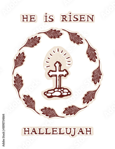Easter blessings holy week he is risen cross christian religious card illustration. Hand drawn greeting print vintage modern. Isolated editable vector black white calvary cross flower wreath motif 