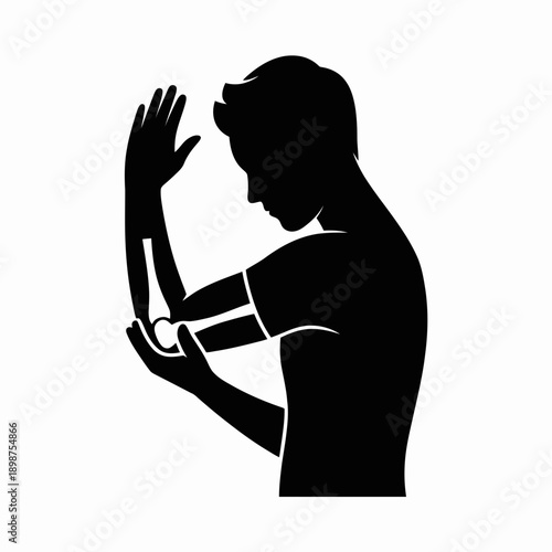 Silhouette of person performing arm stretches with hands clasped behind the head isolated on white background, Vector, illustration