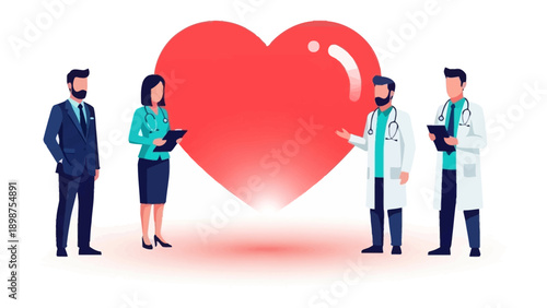 Healthcare Team: Doctors and business professionals stand alongside a large heart symbolizing health and care, promoting the idea of health professionals. 