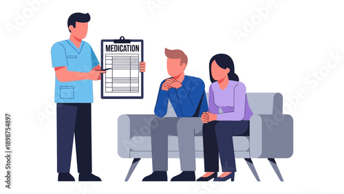 Medication Consultation: A healthcare professional discusses a patient's medication plan, explaining the details. A couple listens attentively.