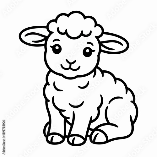 A cute and simple drawing of a young lamb with curly horns sitting calmly. isolated on white background, Vector, illustration