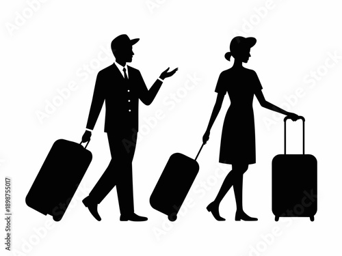 Couple traveling with luggage and business attire in silhouette style isolated on white background, Vector, illustration