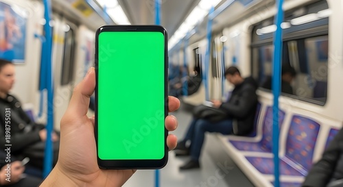 Wallpaper Mural Hand holding smartphone with green screen on public transportation Torontodigital.ca
