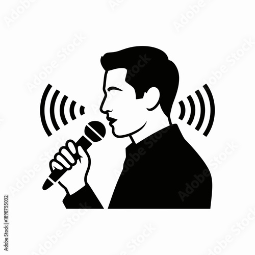 Person speaking into a microphone with sound waves emanating from it isolated on white background, Vector, illustration