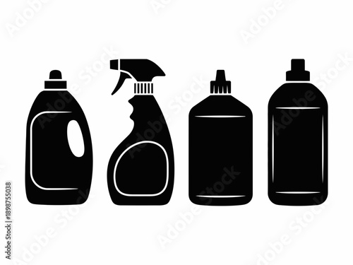 Four different types of cleaning spray bottles displayed in a row isolated on white background, Vector, illustration