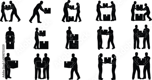 "Black silhouette icon collection of individuals lifting, carrying, and passing boxes in teamwork scenarios for workplace safety, ergonomics, logistics, and instructional design projects"