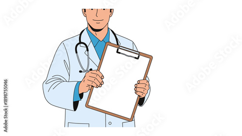 Healthcare Professional's Guidance: A medical expert, wearing a stethoscope and lab coat, offers a blank clipboard.