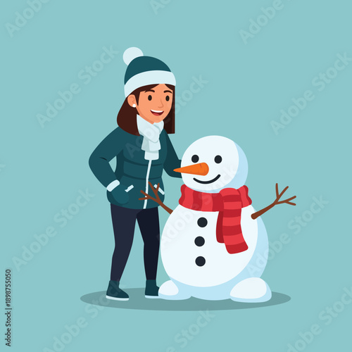 Flat design smiling woman wearing blue winter jacket and hat standing next to snowman with carrot nose and red scarf in cold weather