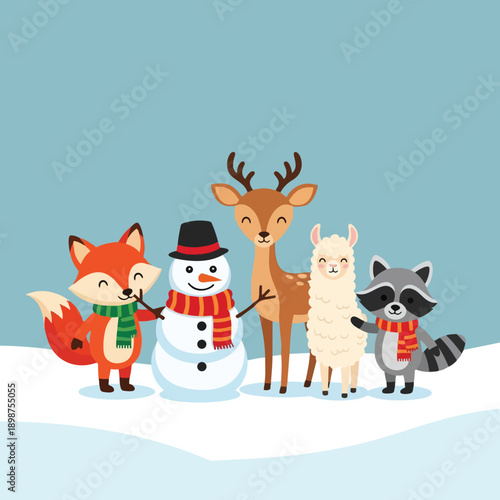Cute winter animal friends holding snowman with scarves standing on snow in flat cartoon style illustration