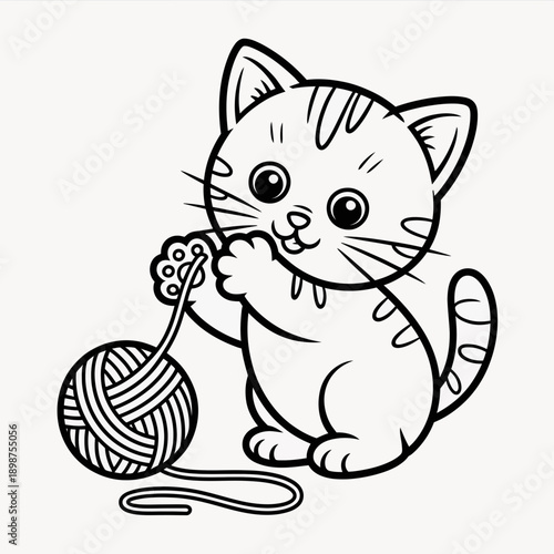 A playful kitten sitting and unraveling a colorful ball of yarn. isolated on white background, Vector, illustration