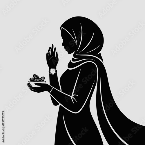 Silhouette of a person in prayer with hands clasped and head covered isolated on white background, Vector, illustration