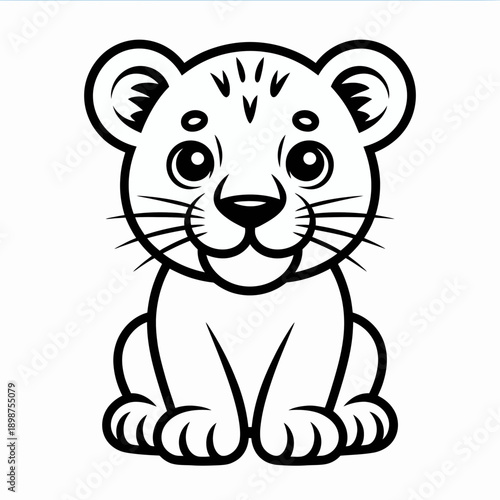 A cute black and white illustration of a young lion cub sitting peacefully isolated on white background, Vector, illustration