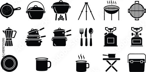 A set of black and white icons representing various camping and outdoor cooking equipment