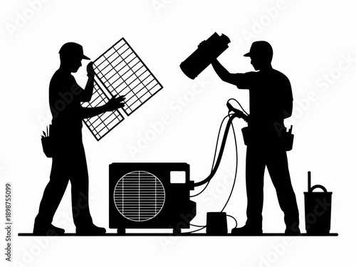 Two workers efficiently moving and assembling large household furniture in a living area isolated on white background, Vector, illustration