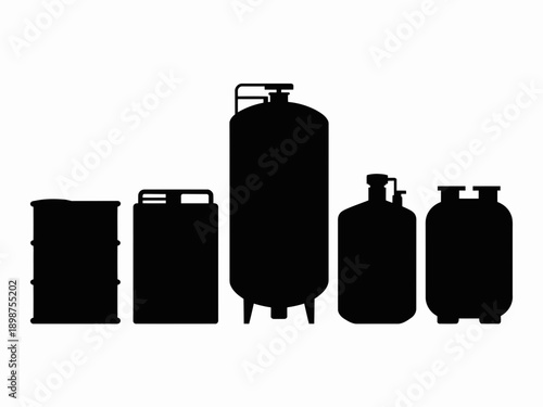 Assorted sizes of cylindrical gas or liquid storage containers in black and white isolated on white background, Vector, illustration
