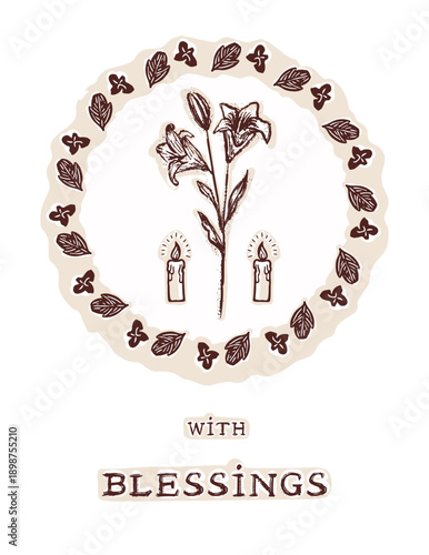Easter Lily flower wreath with blessings religious card illustration. Hand drawn isolated editable vector motif for christian marian devotion, catholic faith prayer and church greetings candle print