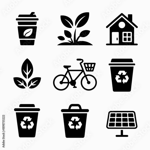 Eco friendly icon set. Includes recycling, solar panel, house, plant, bicycle, coffee cup. Created in solid black style with monochrome palette