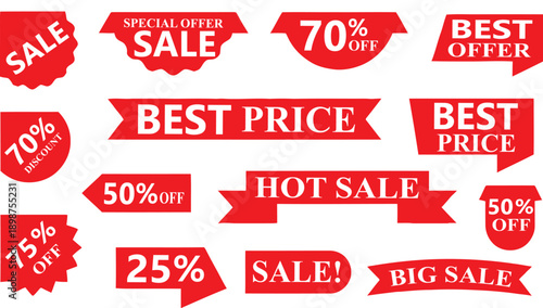 Sale stickers and promotional labels for advertising. Discount price tags for retail marketing, Tag new set, New label and tag.15%, 20%, 25%, 35%, 45%, 60%, 70%, 75% sale icon.	