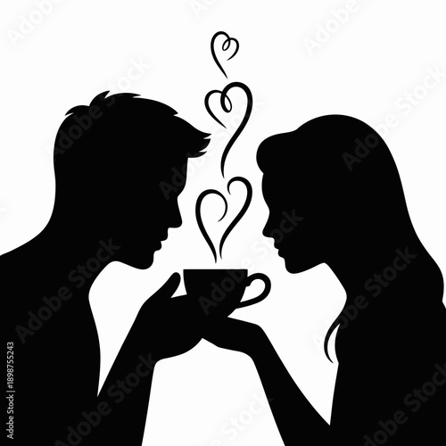 Couple sharing a heartwarming moment over tea with love symbols in the air isolated on white background, Vector, illustration