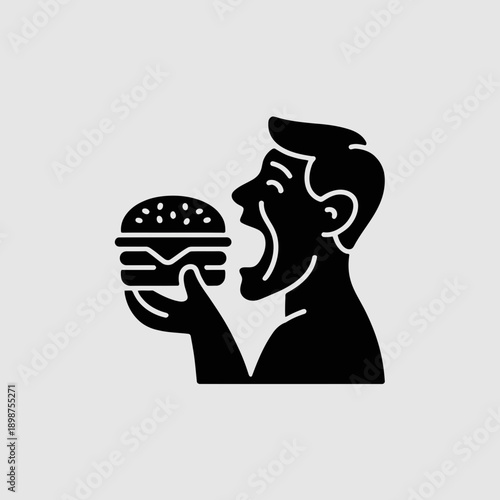 A man enjoying a large burger with enthusiasm and delight isolated on white background, Vector, illustration